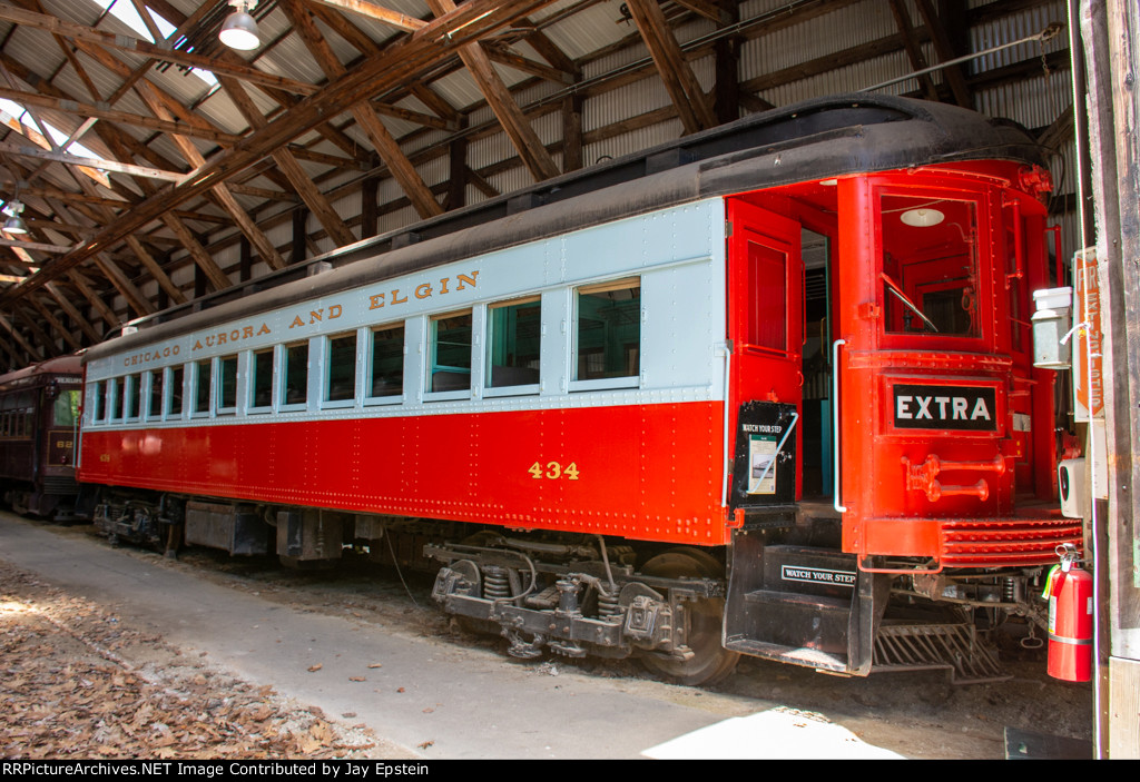 Chicago, Aurora & Elgin Railroad 434 is on display at the Seashore Trolley Museum